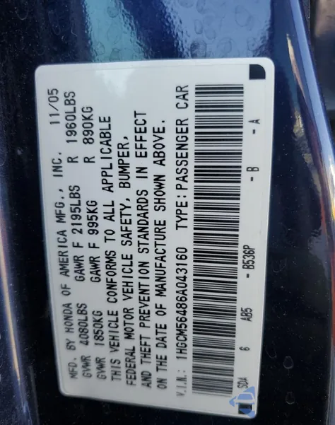 2006 Honda Accord Lx from USA, damaged, VIN 1HGCM56486A043160